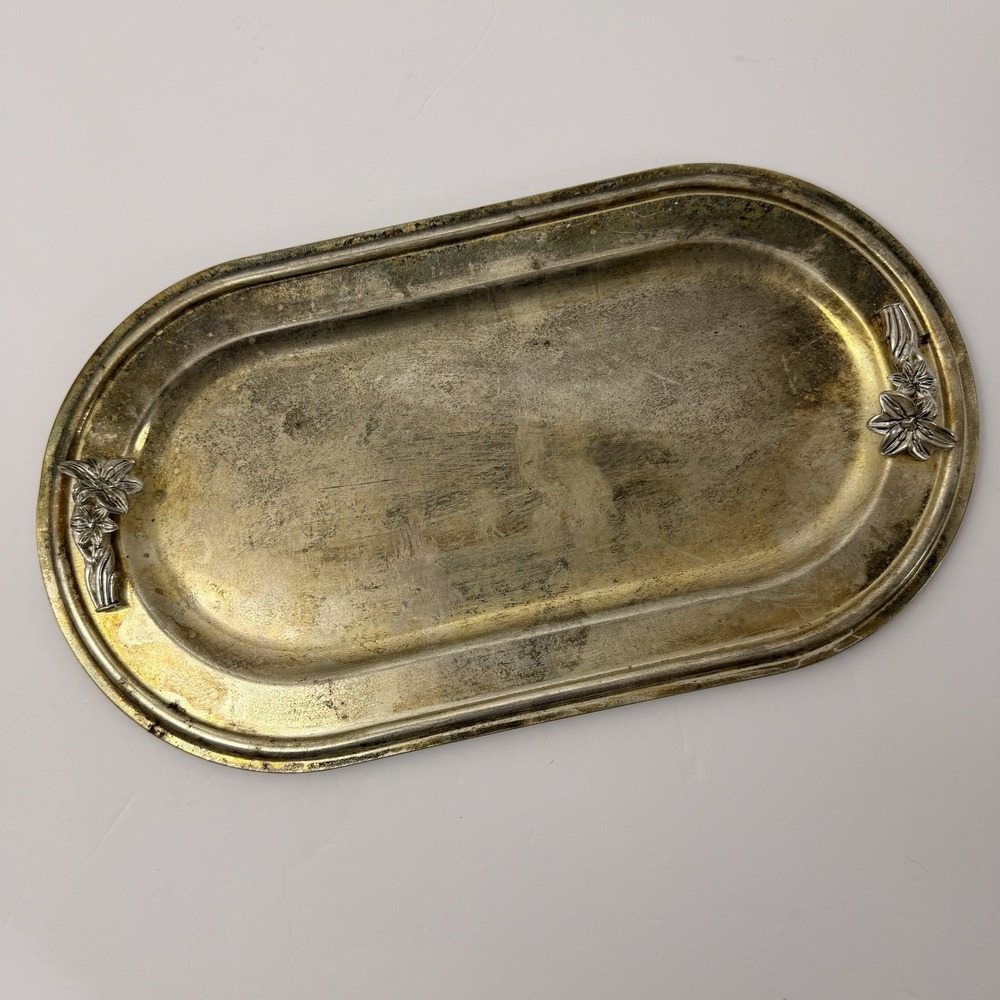 Vintage Silver & Gold Tone Vanity Tray Floral Accent Trinket Serving Tray